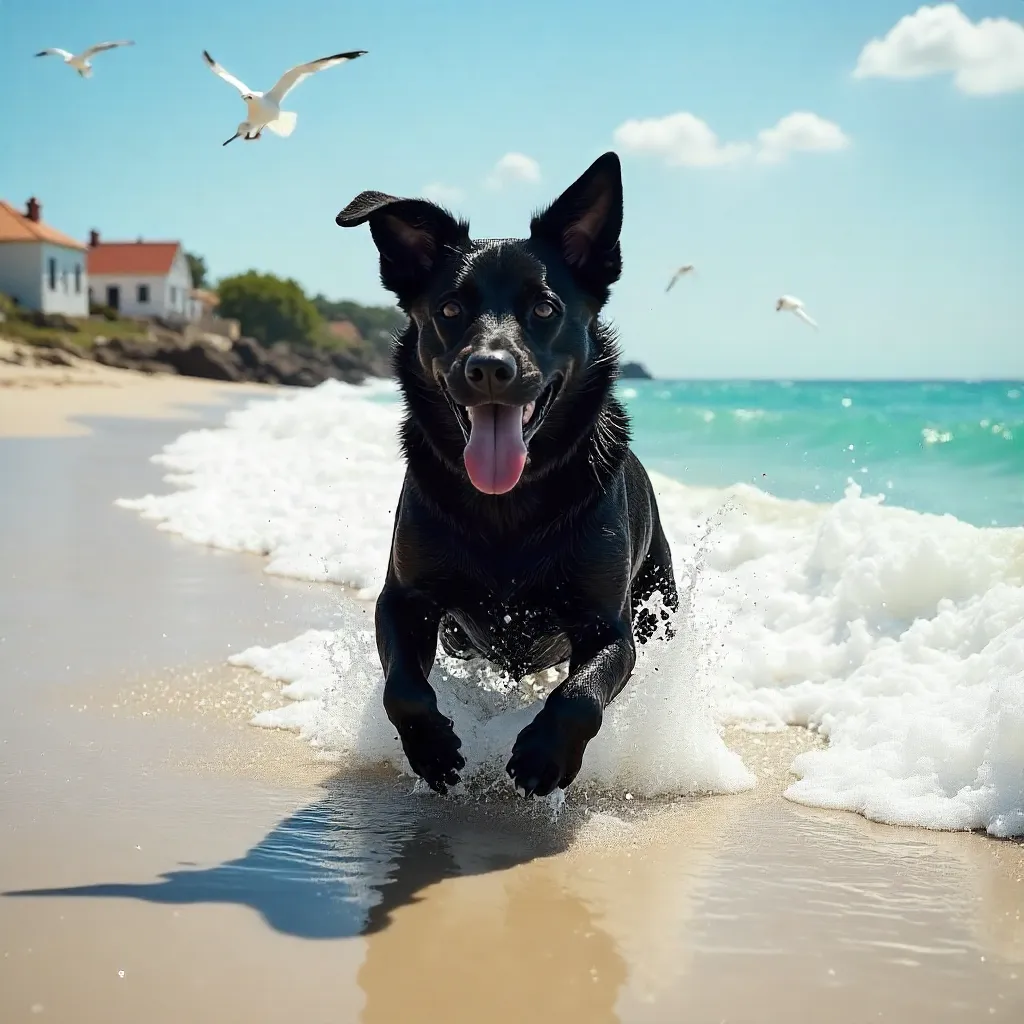 Joyous Black Dog Frolicks in Ocean at La Lucila del Mar