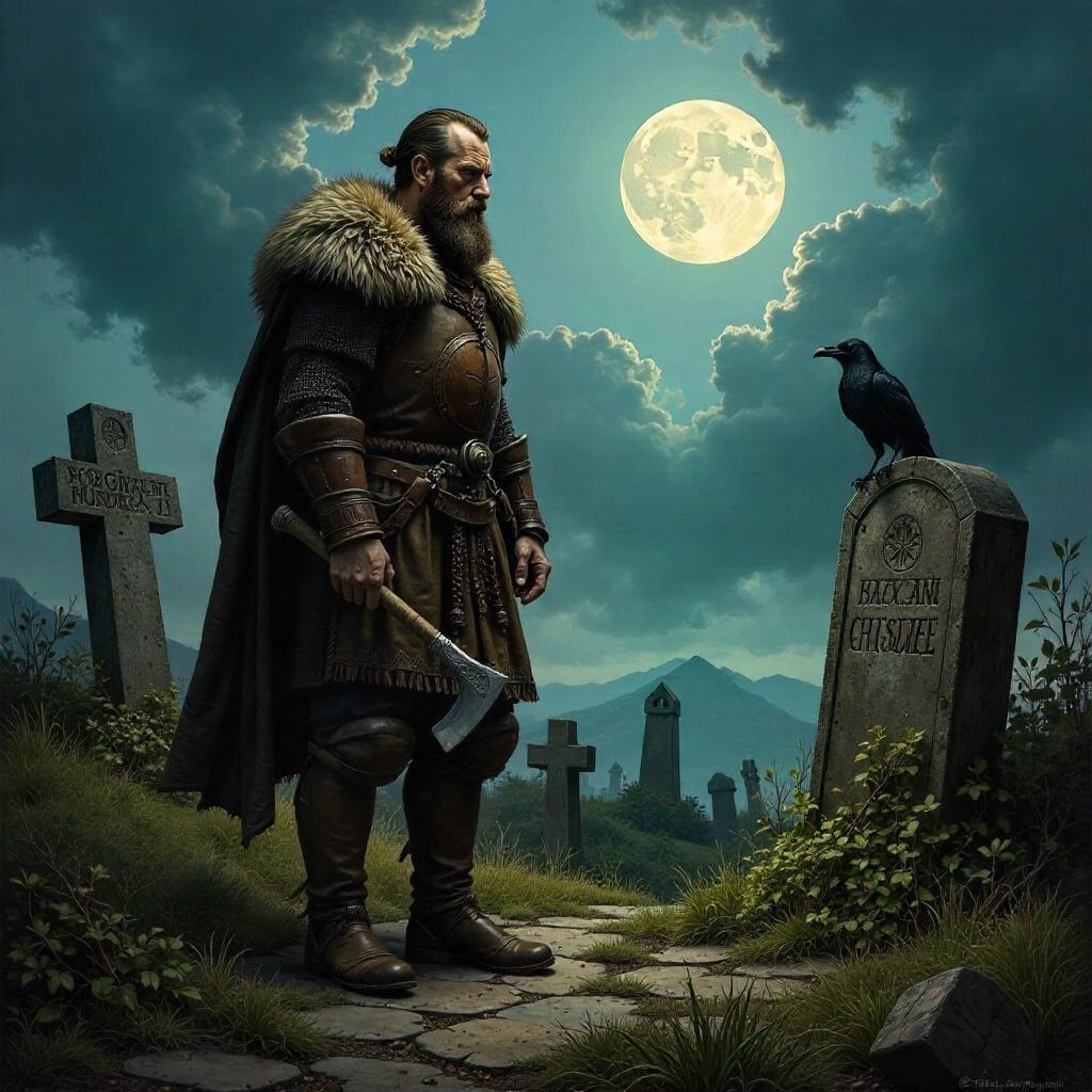 Viking Warrior in a Moonlit Graveyard – Oil Painting