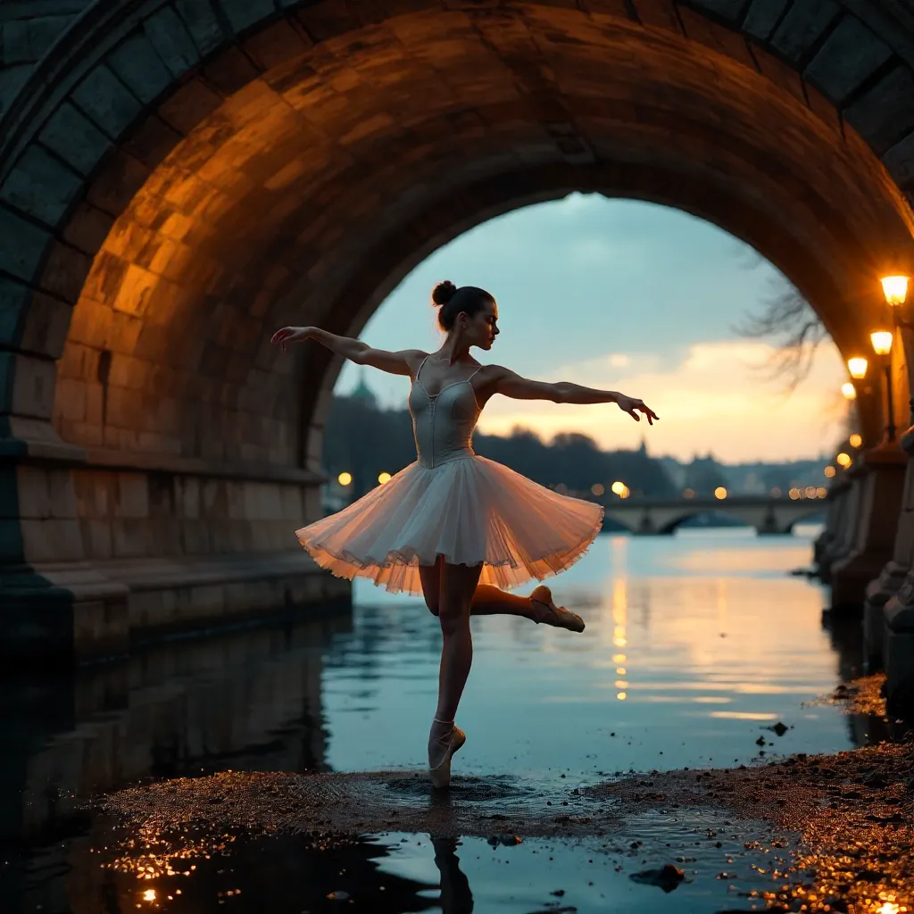Elegant Ballerina Under a Paris Bridge