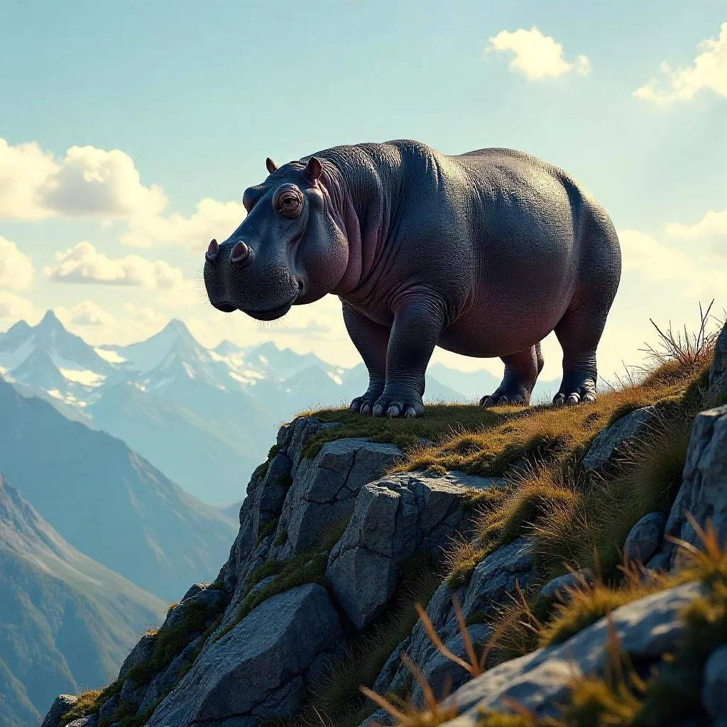 Photorealistic Hippo Standing on a Wind-Swept Alpine Peak