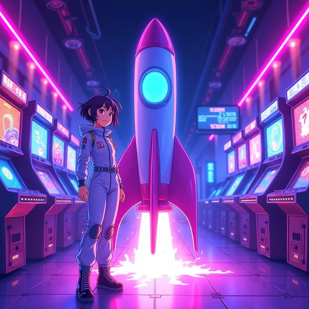 Neon Arcade Rocket in Anime Style