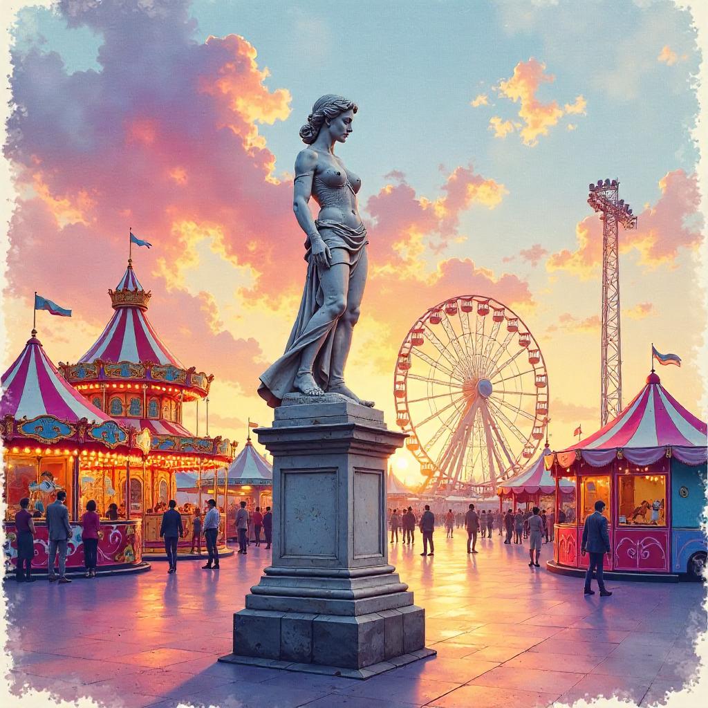 Watercolor Statue Amid Colorful Amusement Park Lights