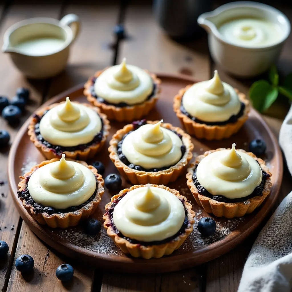 Fresh Blueberry Tarts with Cream Cheese Frosting on Rustic Table