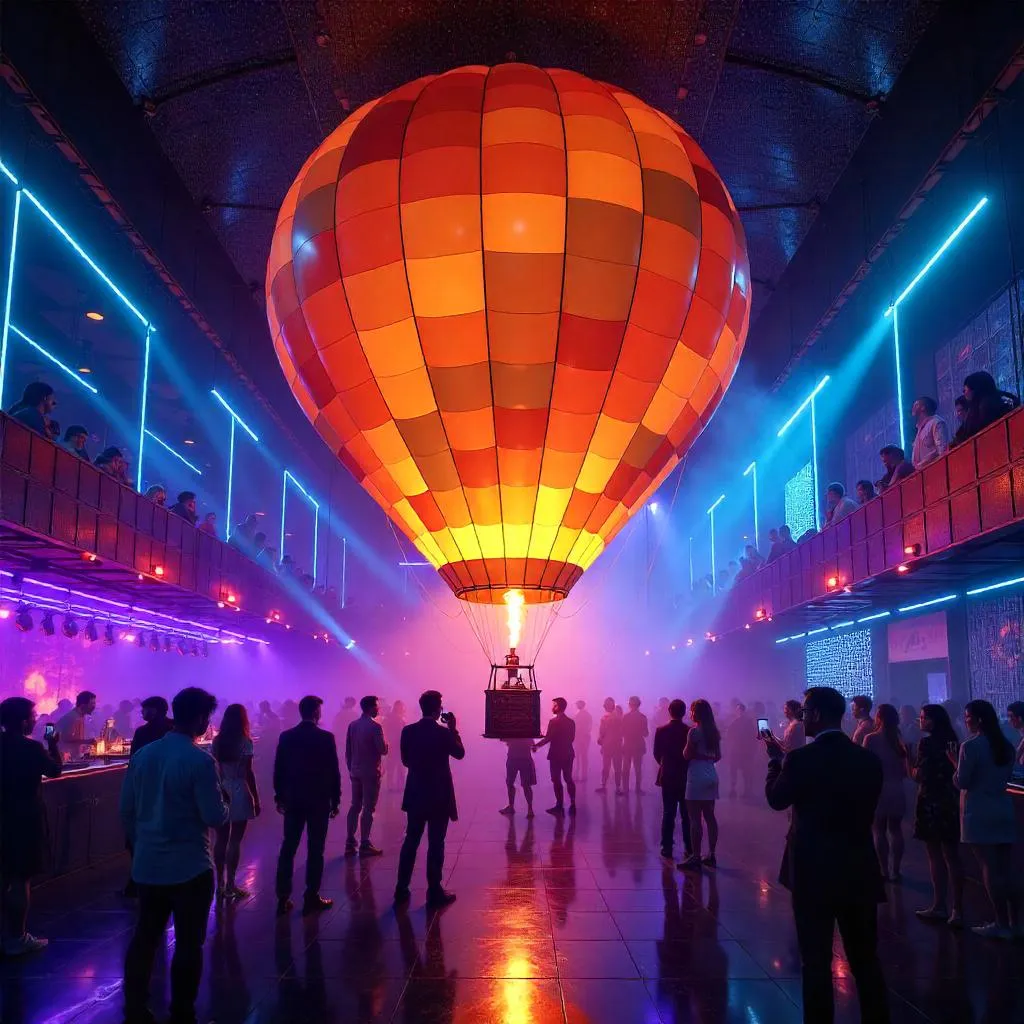 Photorealistic Hot Air Balloon in a Neon Nightclub