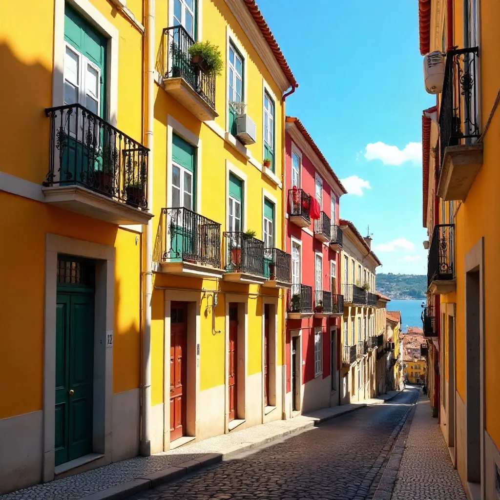 Bright Yellow and Red Lisbon Facades Under Clear Sky