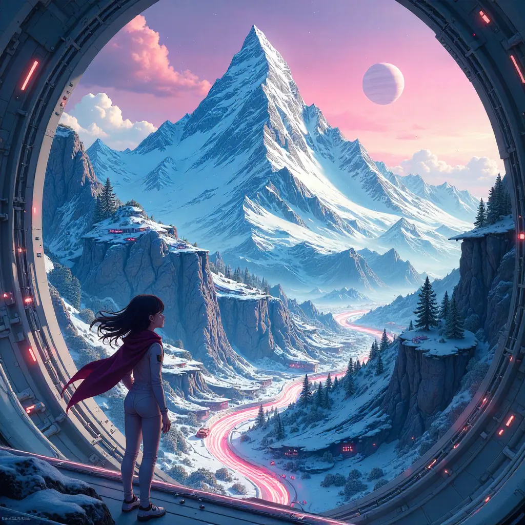 Neon Mountain in a Space Colony - Anime Style