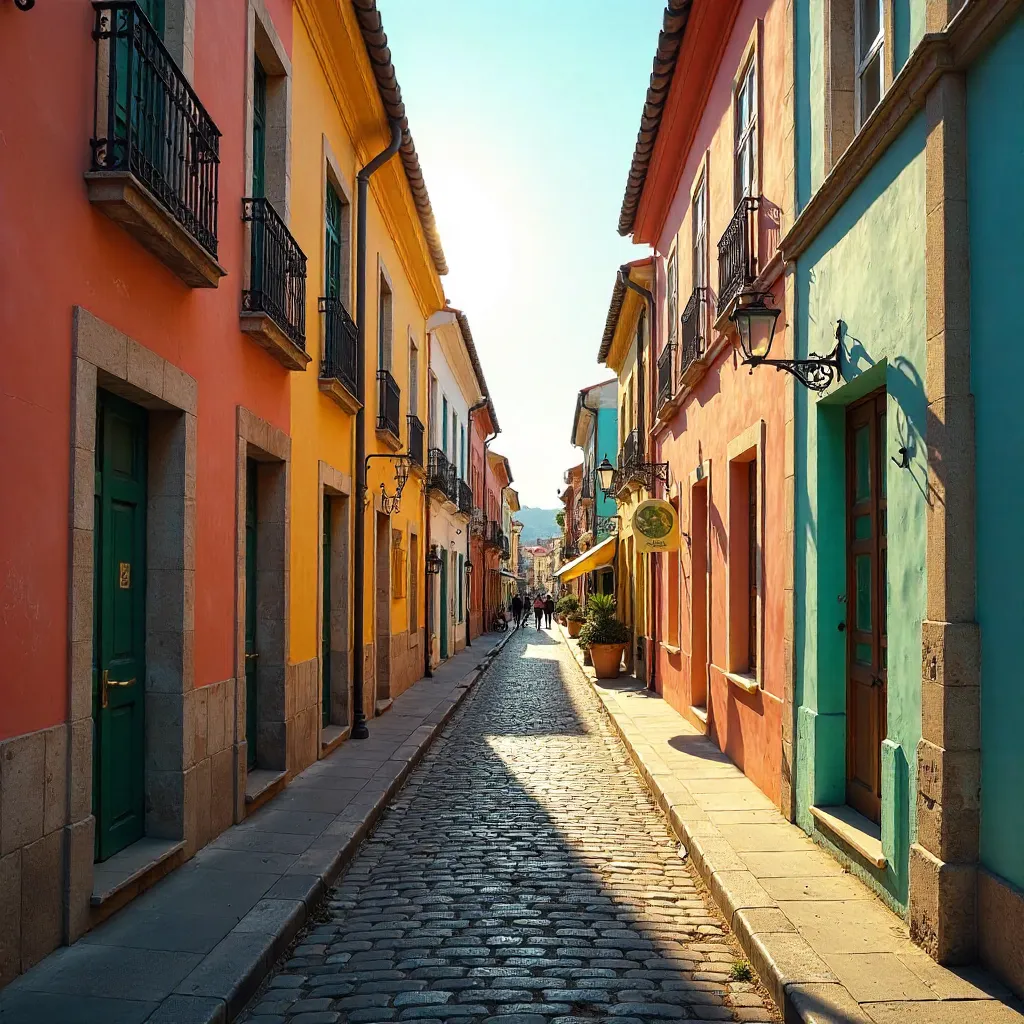 Sunlit Alley to Pastel Buildings