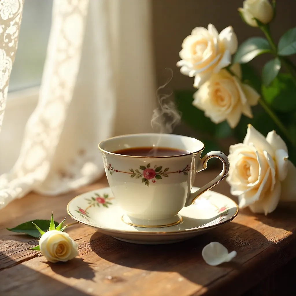 Elegant Coffee Cup on Floral Saucer with White Roses