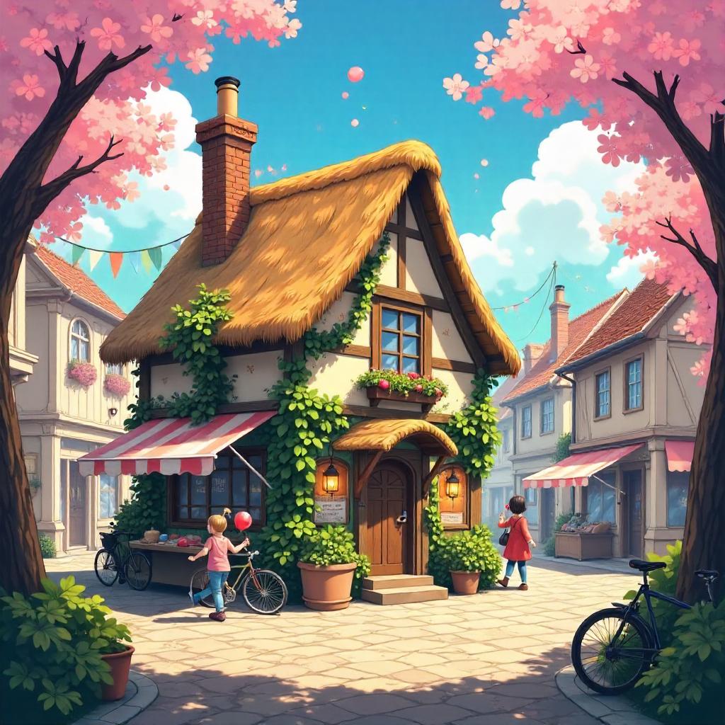 Anime Cottage in a Bustling Town Square