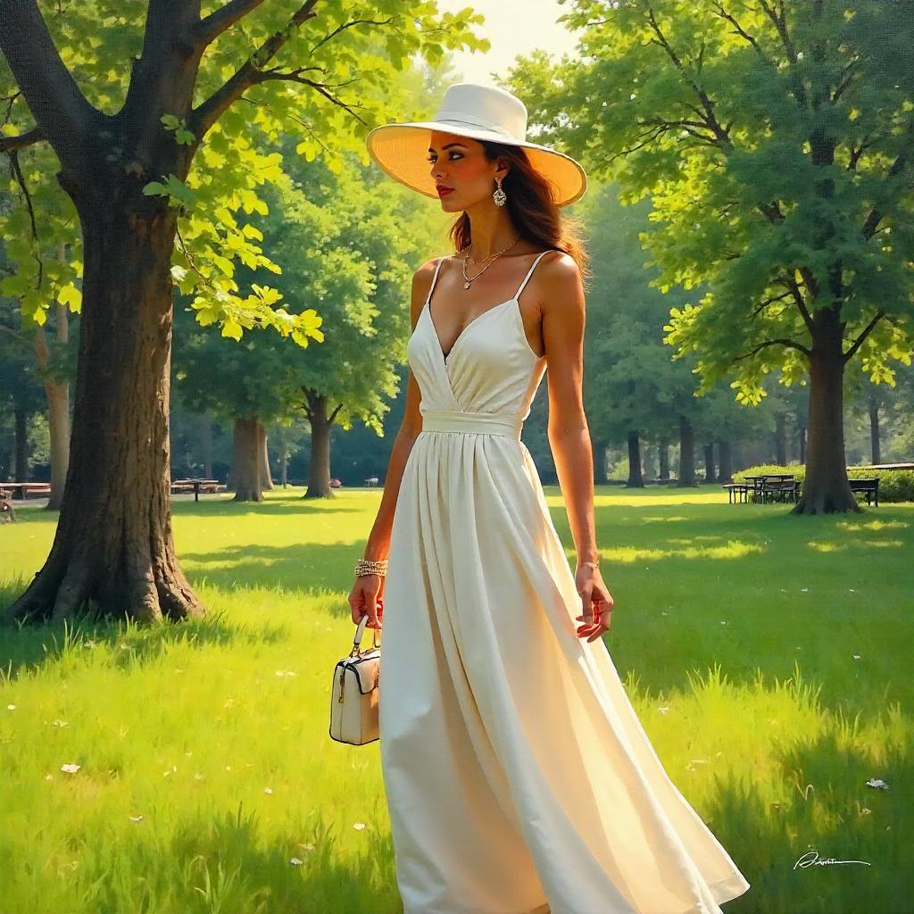 Stylish White Woman in a Park: Oil Painting
