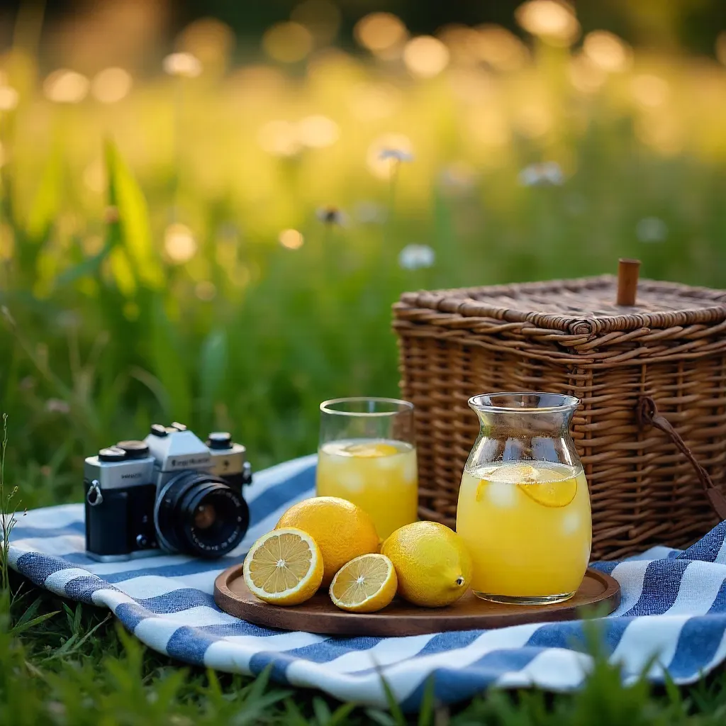Sunlit Rustic Picnic with Lemons and Vintage Camera