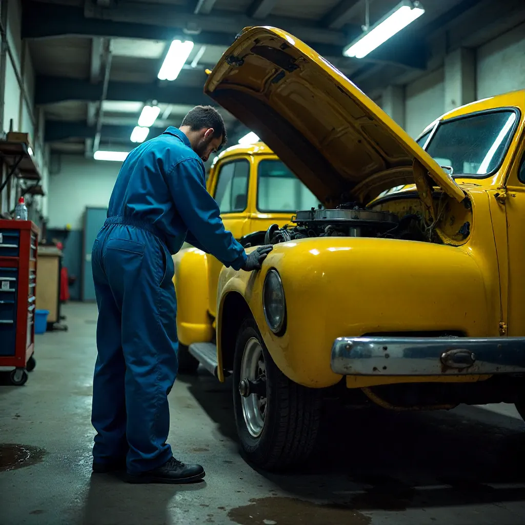 Rear View: Mechanic Inspecting Yellow Truck Engine