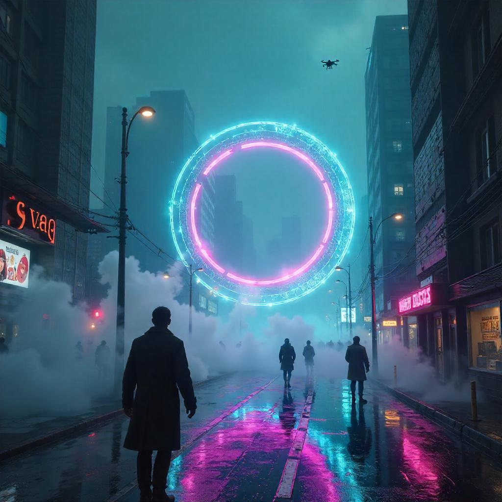 Fogbound Neon Portal in Dense Cyberpunk City