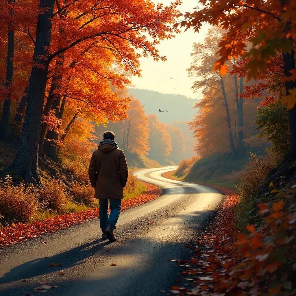 Solitary Stroll on a Winding Autumn Road