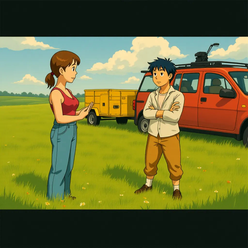 Glen Powell, Lee Isaac Chung, and Daisy Edgar-Jones in Twisters (2024) - Ghibli style
