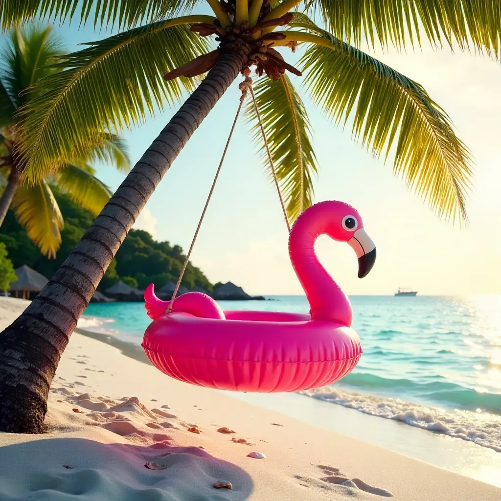 Vibrant Inflatable Hanging from a Tropical Palm