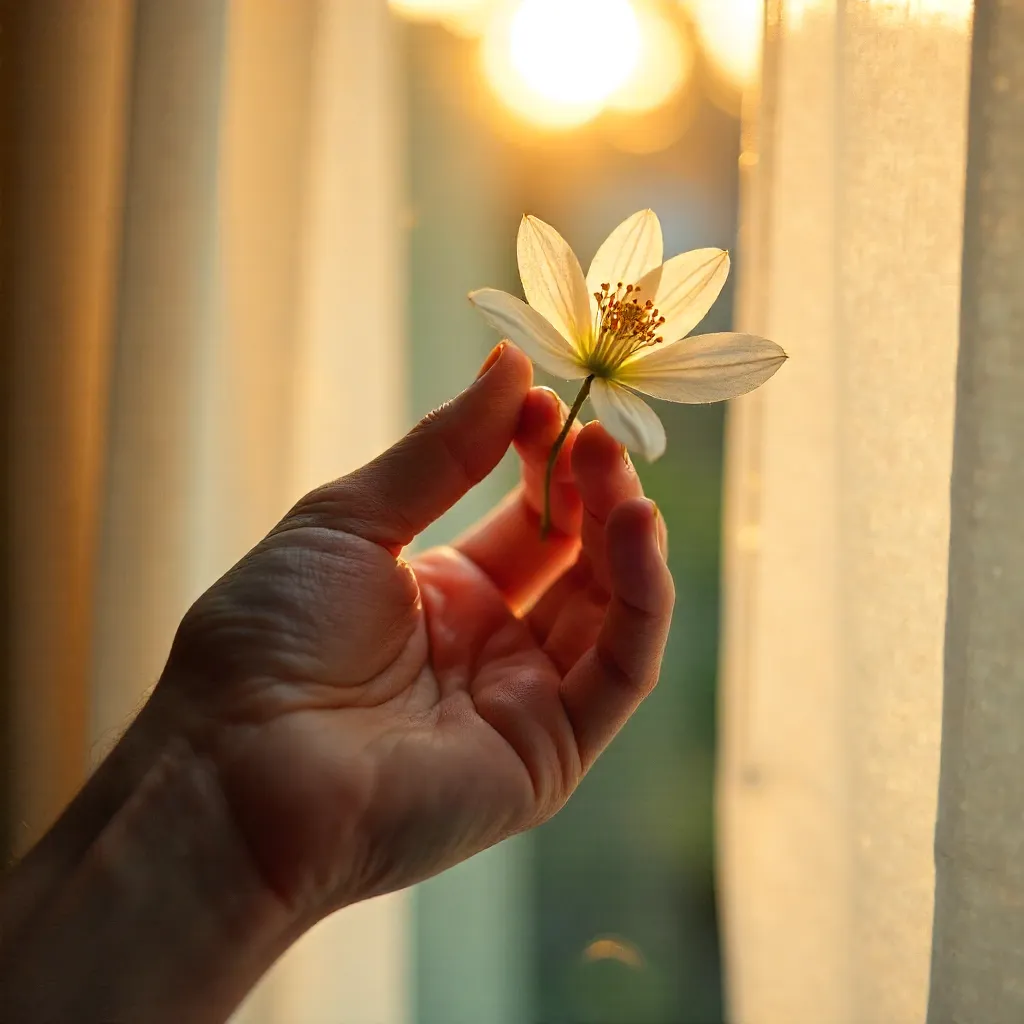 Sunlit Hand and Flower Through Curtains