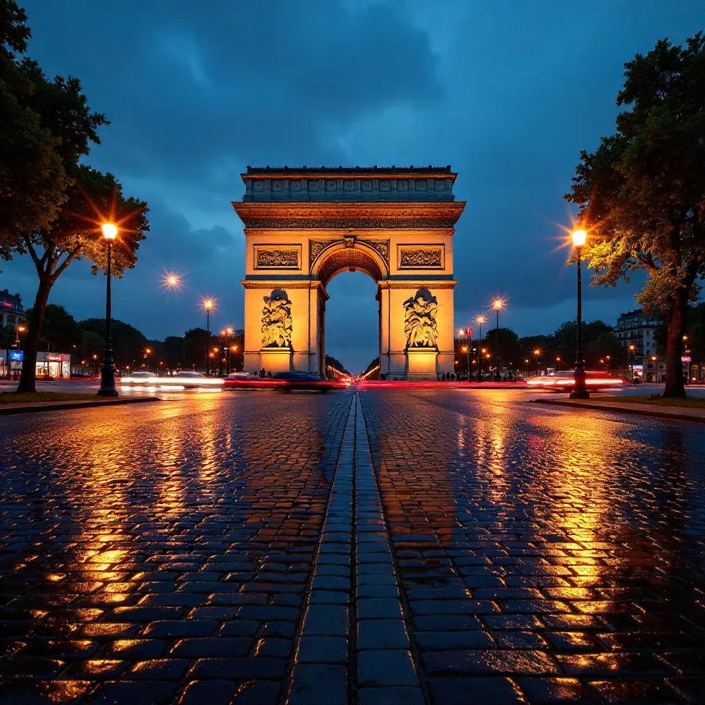 Twilight Arc de Triomphe with Light Trails