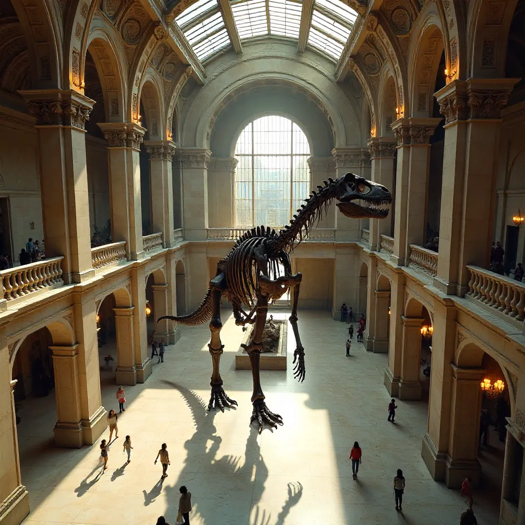 Elevated View of Dinosaur Skeleton in Grand Museum Hall