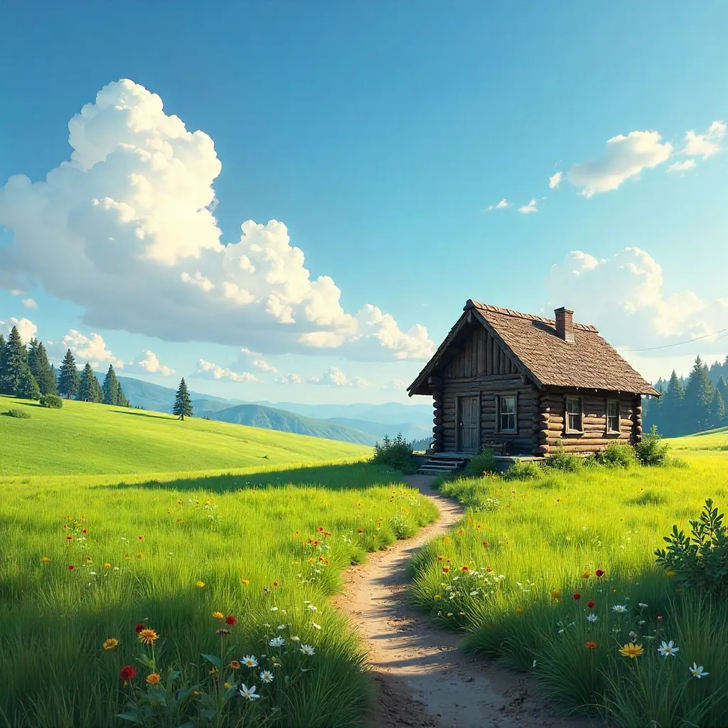 Isolated Rustic Cabin in a Serene Meadow