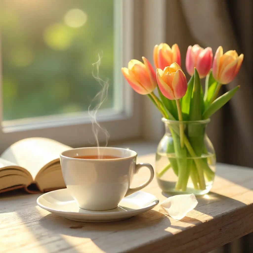Serene Tea Moment with Tulips and a Book