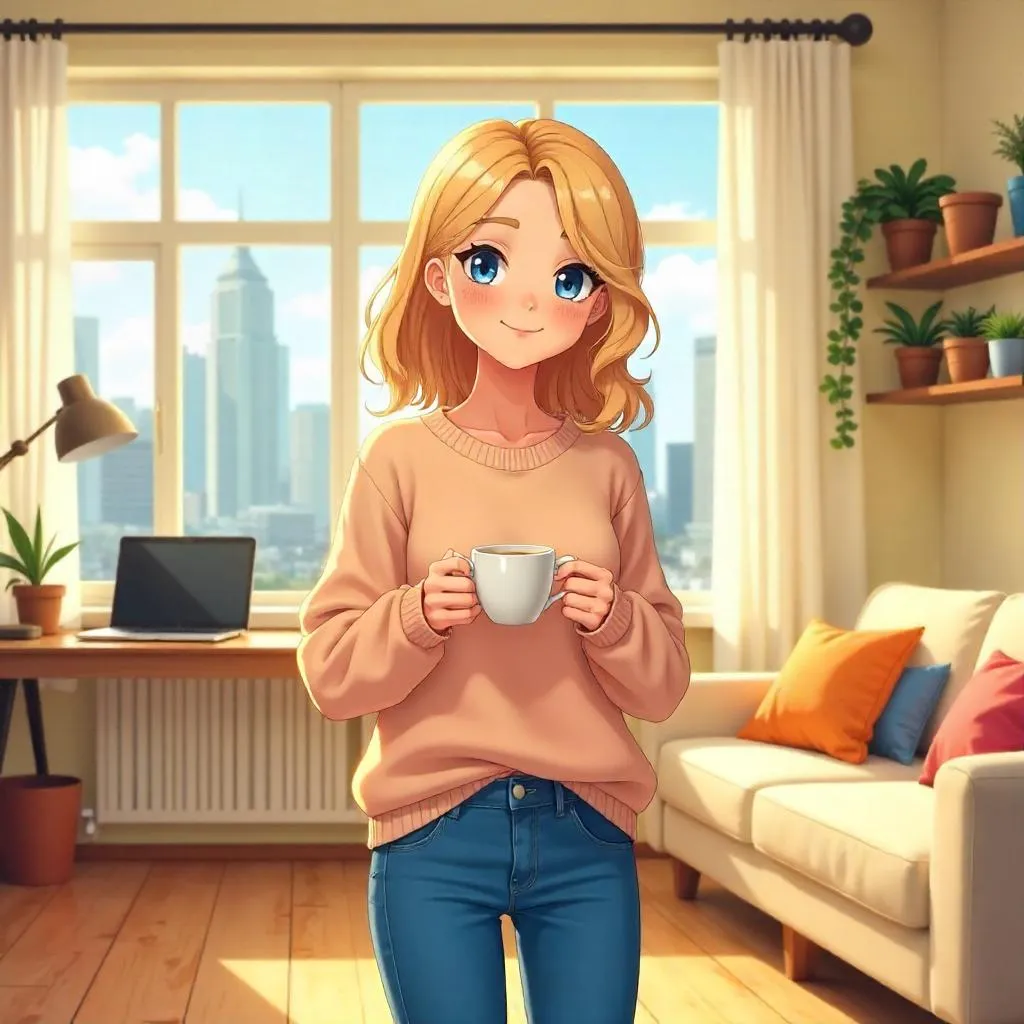 Cheerful Anime Woman in a Cozy Bright Apartment