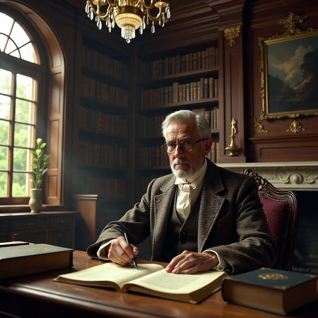 Photorealistic Scholar in a Grand Mansion Library