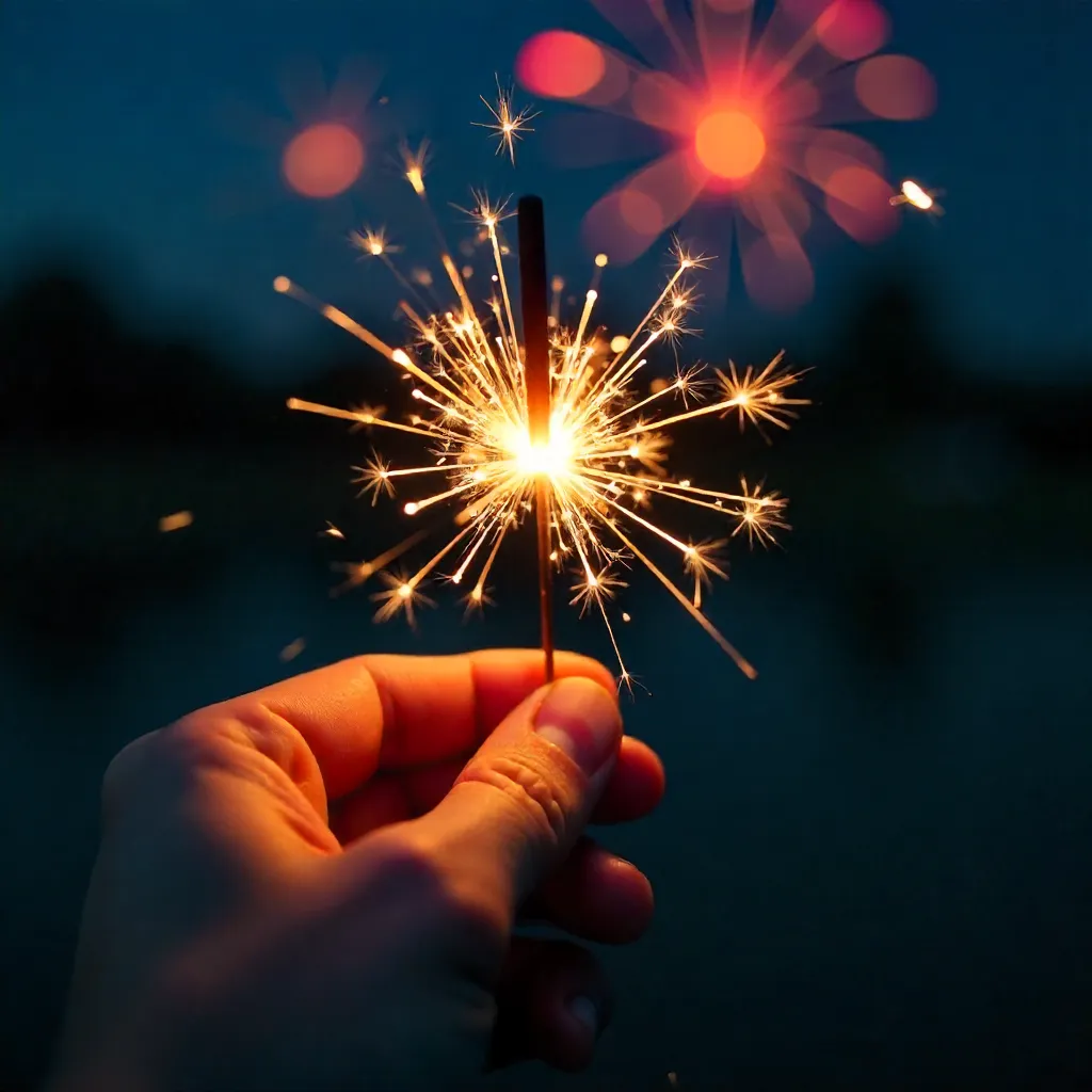 Close-Up Sparkler Amid Night Sky Fireworks