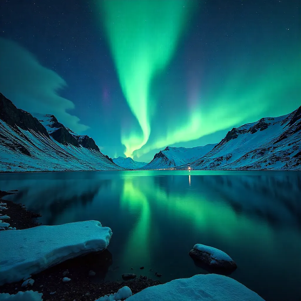 Icelandic Aurora Over Glacier Lake at Night