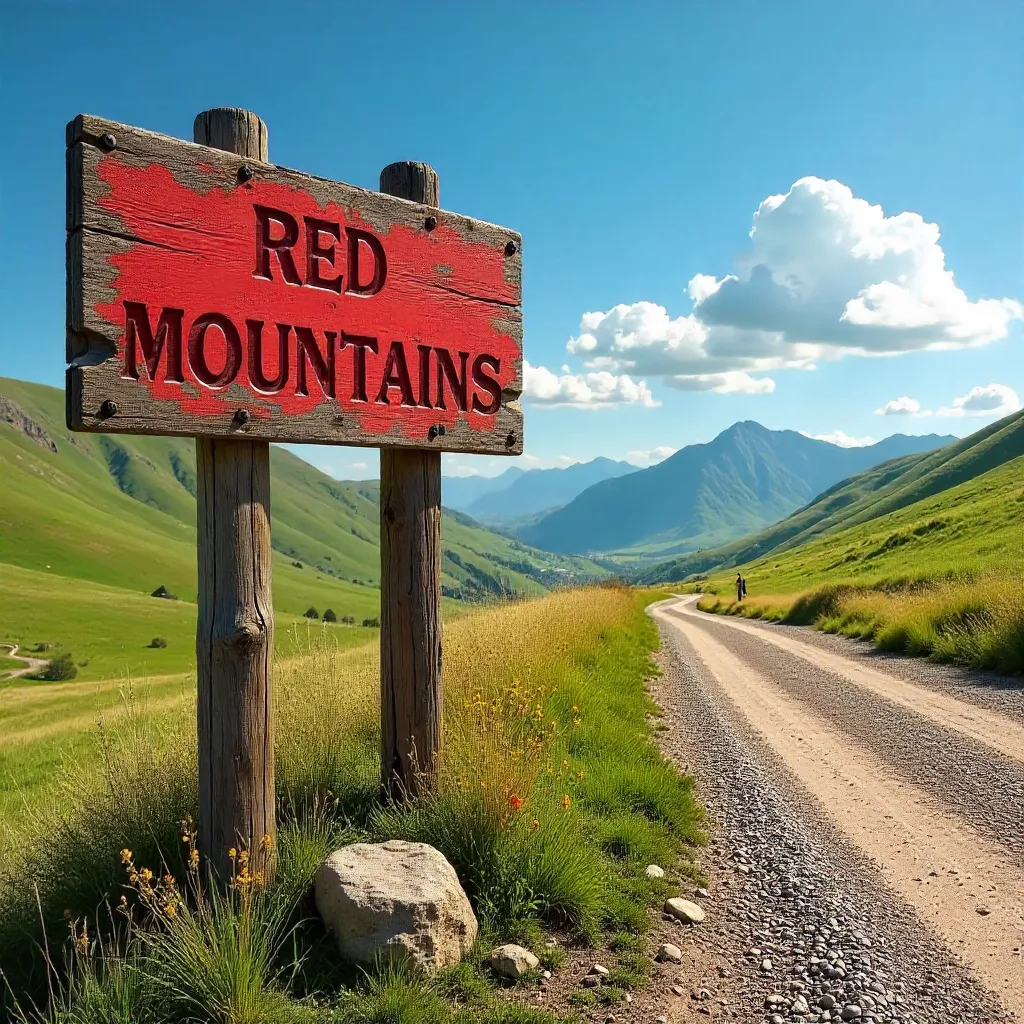Red Mountains Sign over Green Hills under Clear Sky
