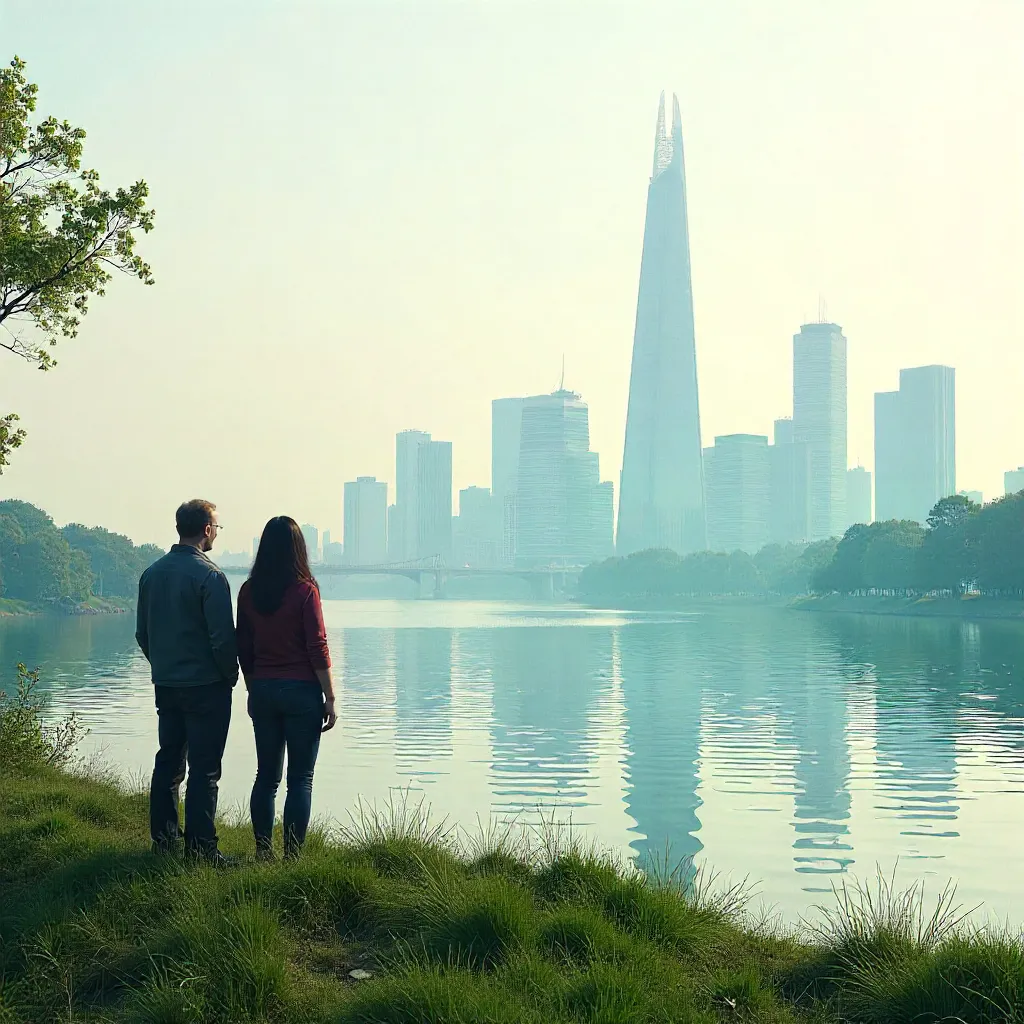 Two People by the River with a Hazy City Skyline