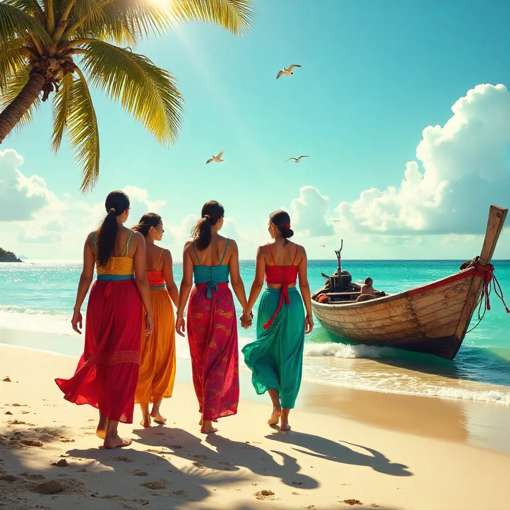 Colorful Women Walking on Beach with a Traditional Boat