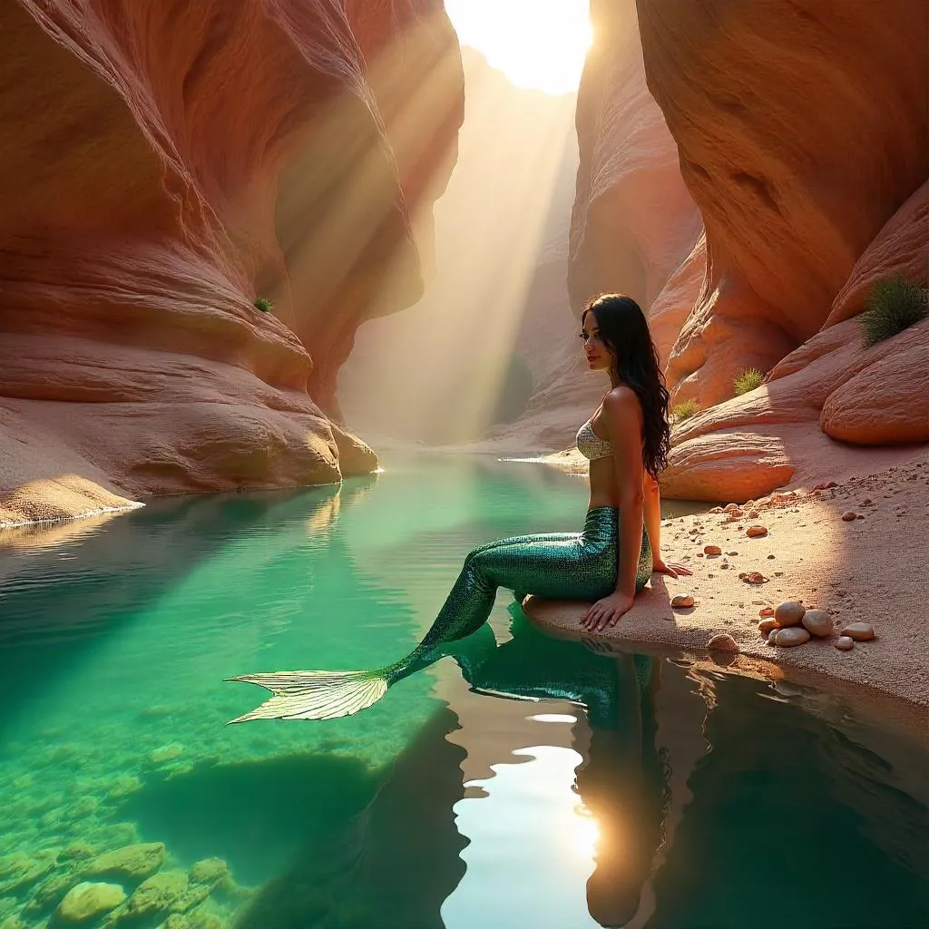 Photoreal Mermaid in a Desert Canyon Oasis
