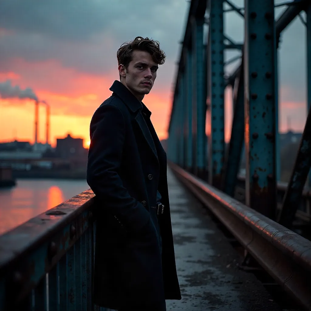 Dusk on the Industrial Bridge in a Black Coat