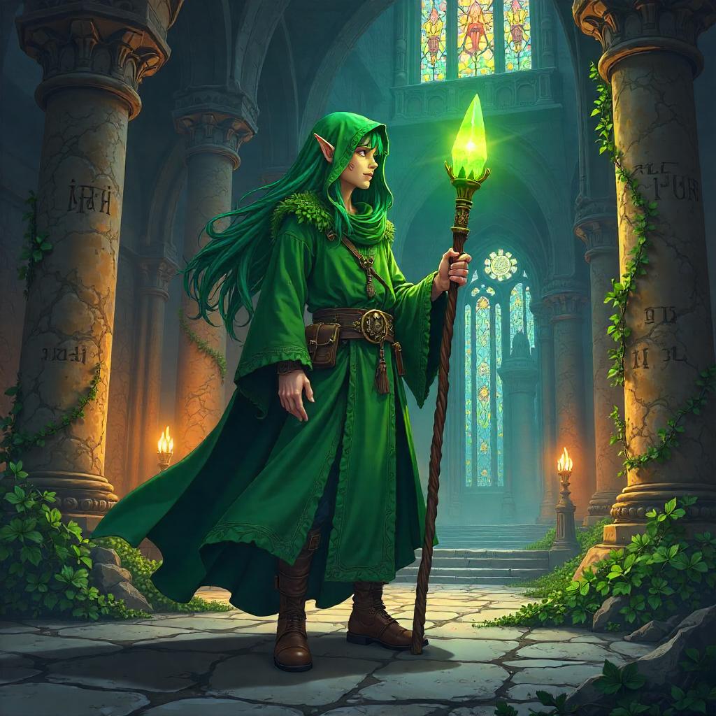 Anime Druid in a Medieval Castle Hall
