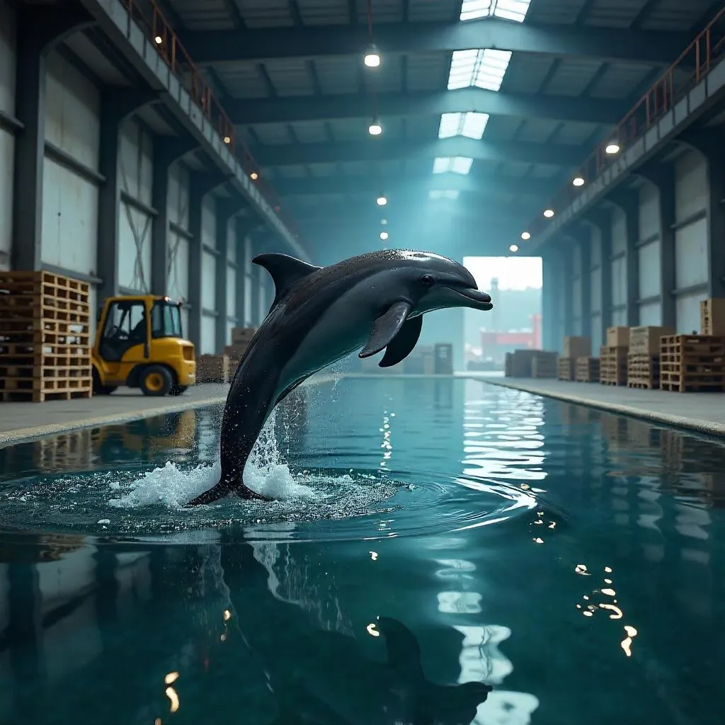 Photorealistic Dolphin in an Industrial Warehouse