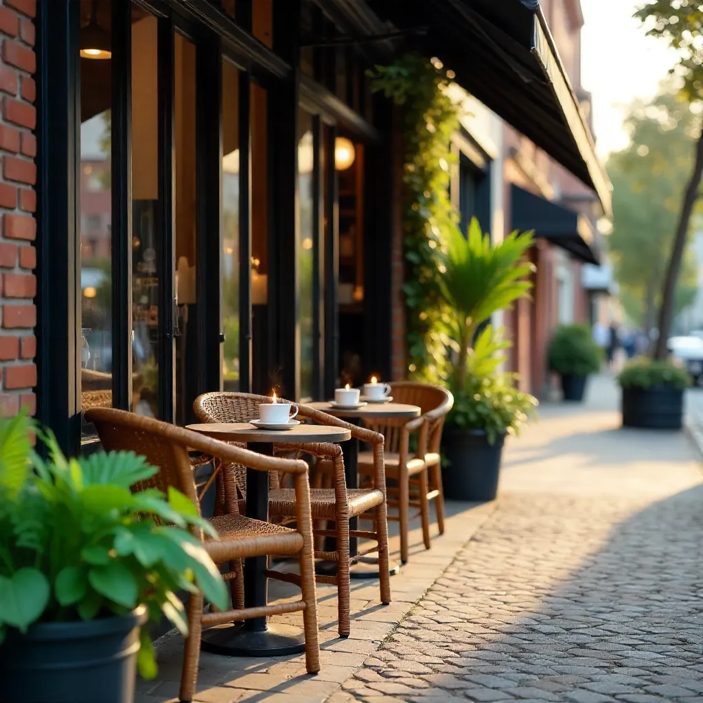 Cozy Outdoor Cafe with Wicker Chairs and Glass Facade