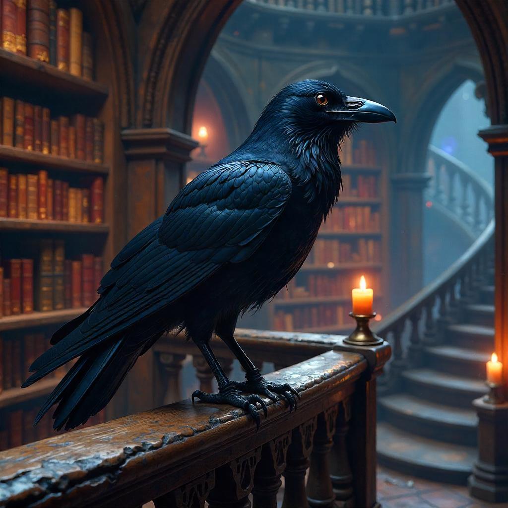 Raven in a Photorealistic Magical Library