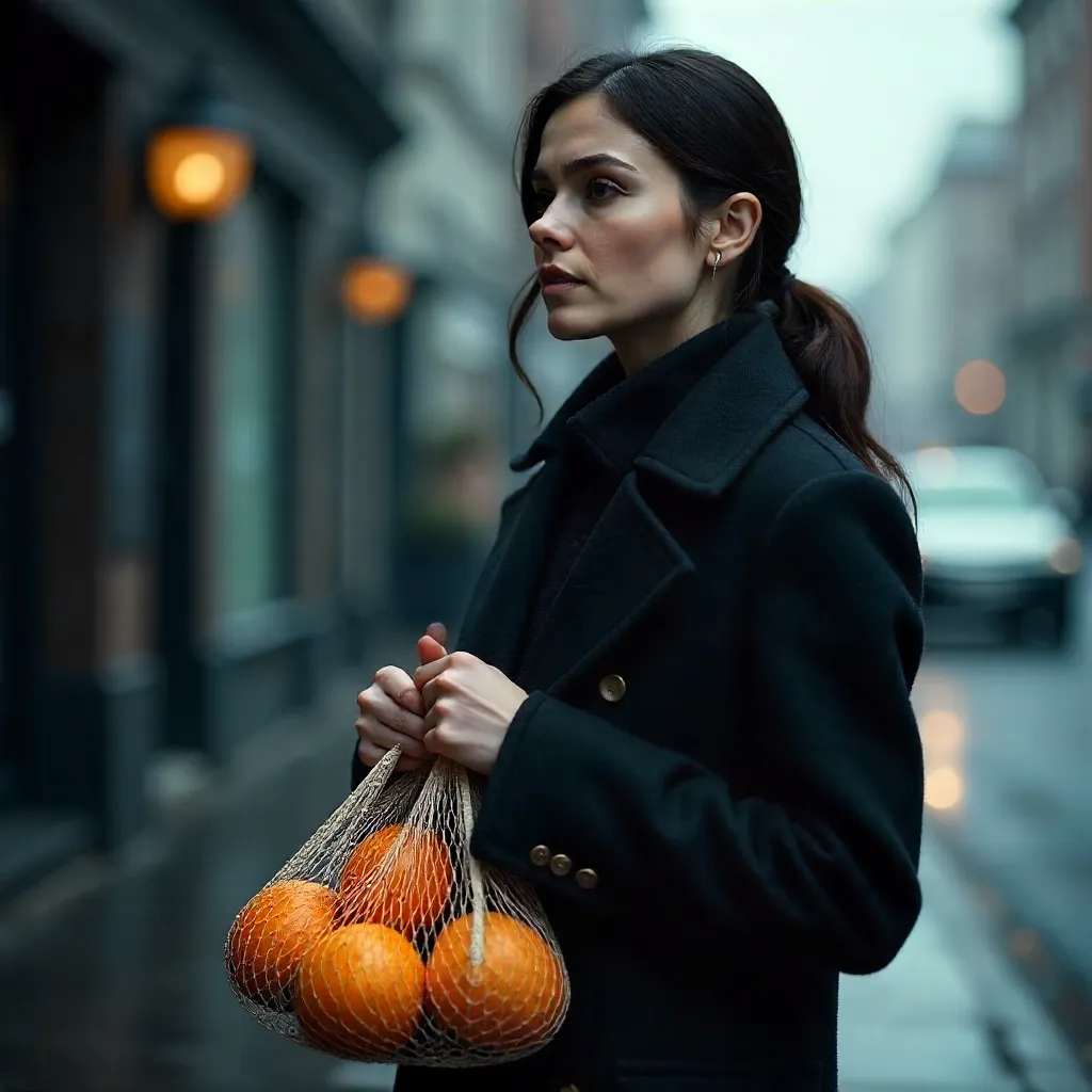 Thoughtful Woman in Black Coat with Oranges