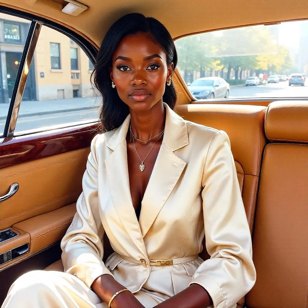 Elegant Watercolor Portrait of a Black Girl in a Car