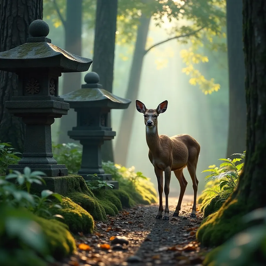 Sika Deer on a Forest Path by Stone Lanterns
