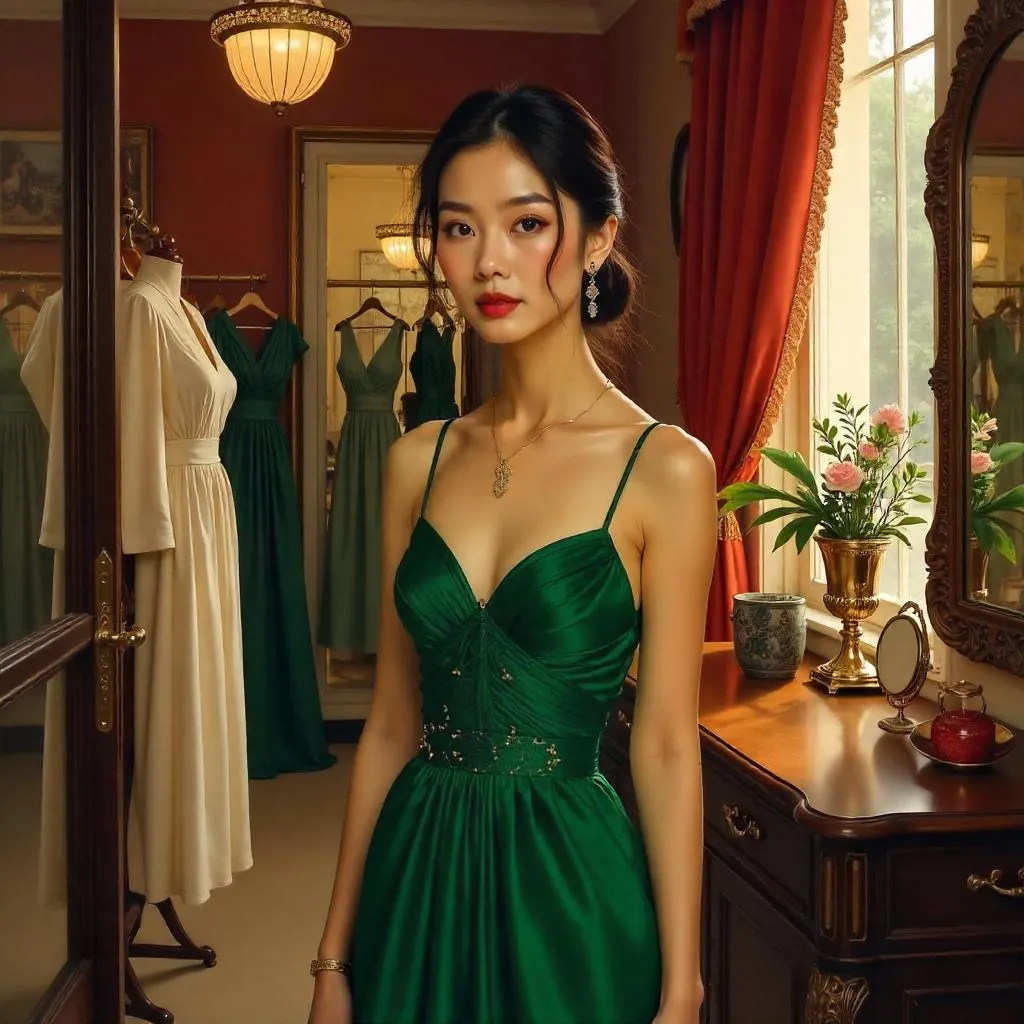 Elegant Asian Woman in a Boutique — Oil Painting