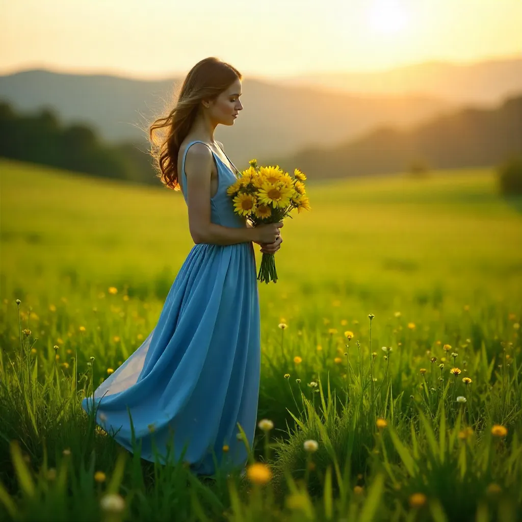 Serene Figure in a Blue Dress Among Yellow Flowers
