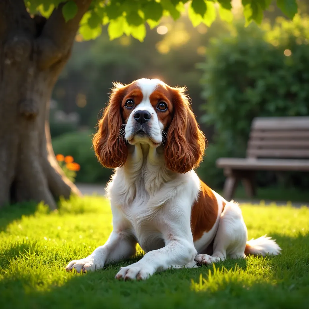 Content Cavalier King Charles Spaniel in Shaded Garden