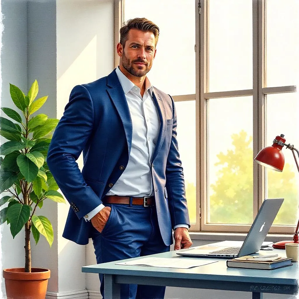 Strong White Man in an Office — Watercolor Portrait