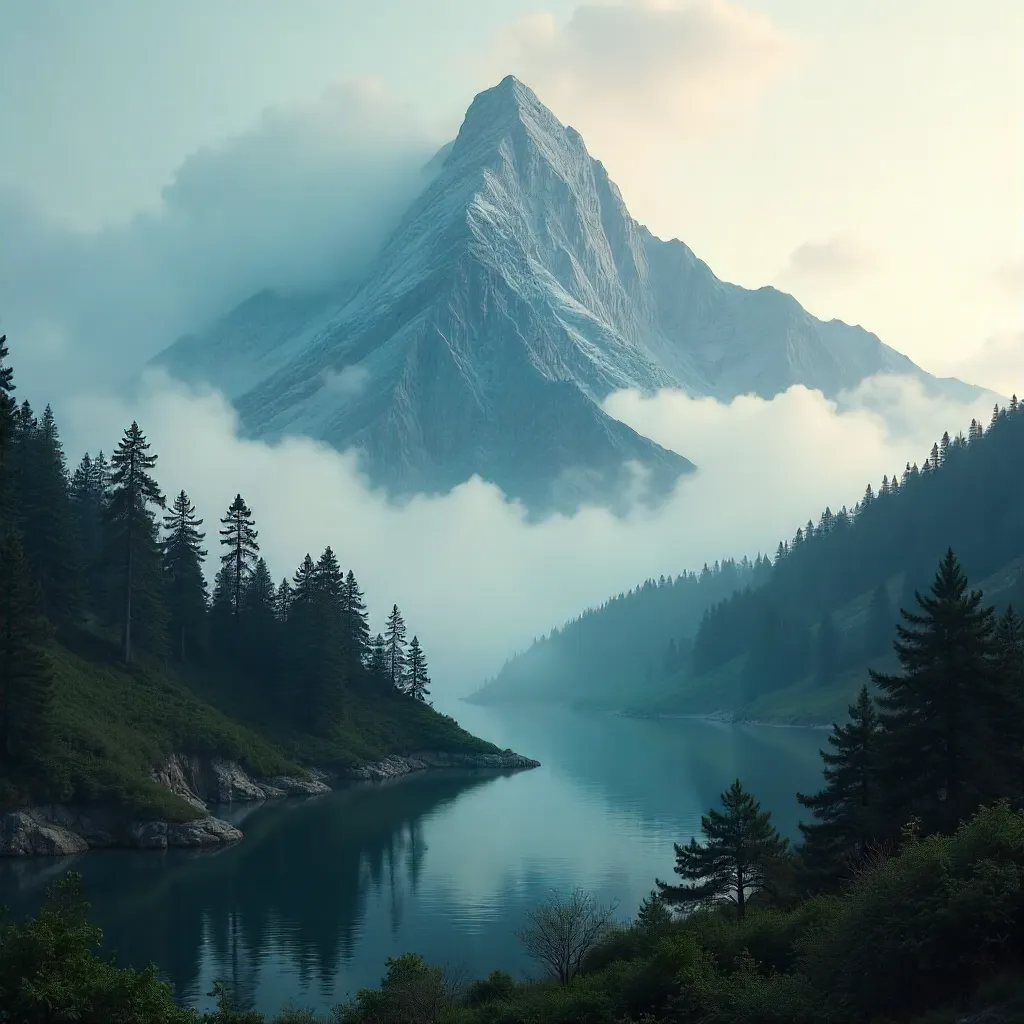 Foggy Peak Above Serene Forest Foothills