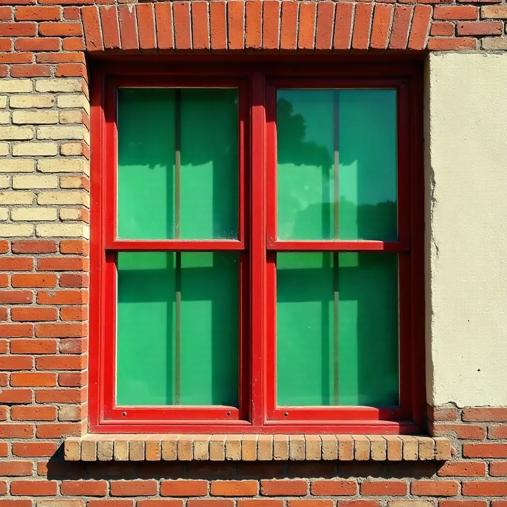 Close-Up of a 1950s Facade: Red Frames and Green Glass