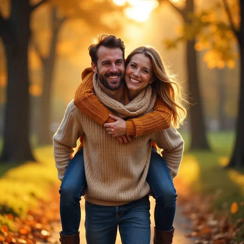 Golden Autumn Piggyback: Warmth and Togetherness