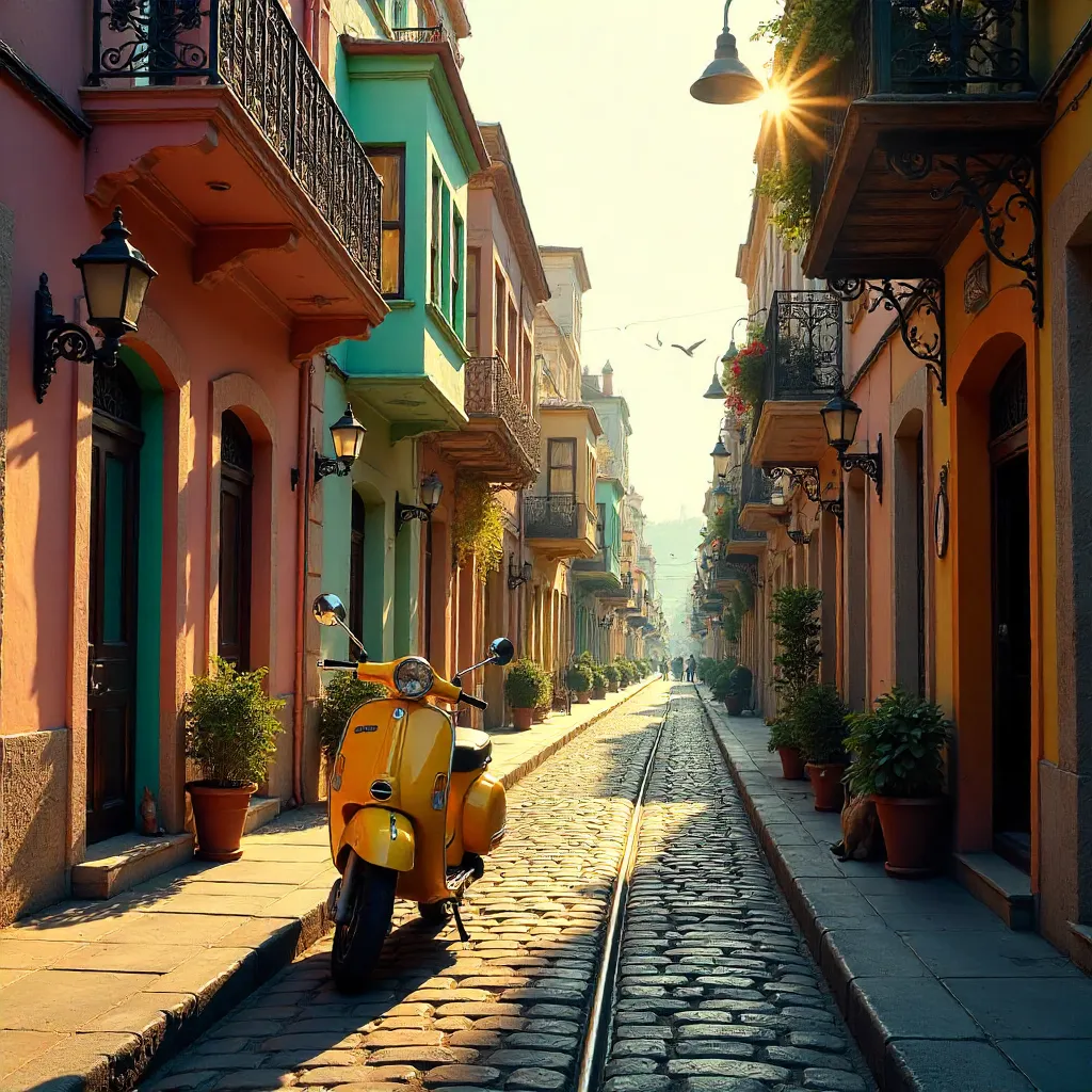 Vibrant Istanbul Street: Yellow Scooter and Colorful Facades