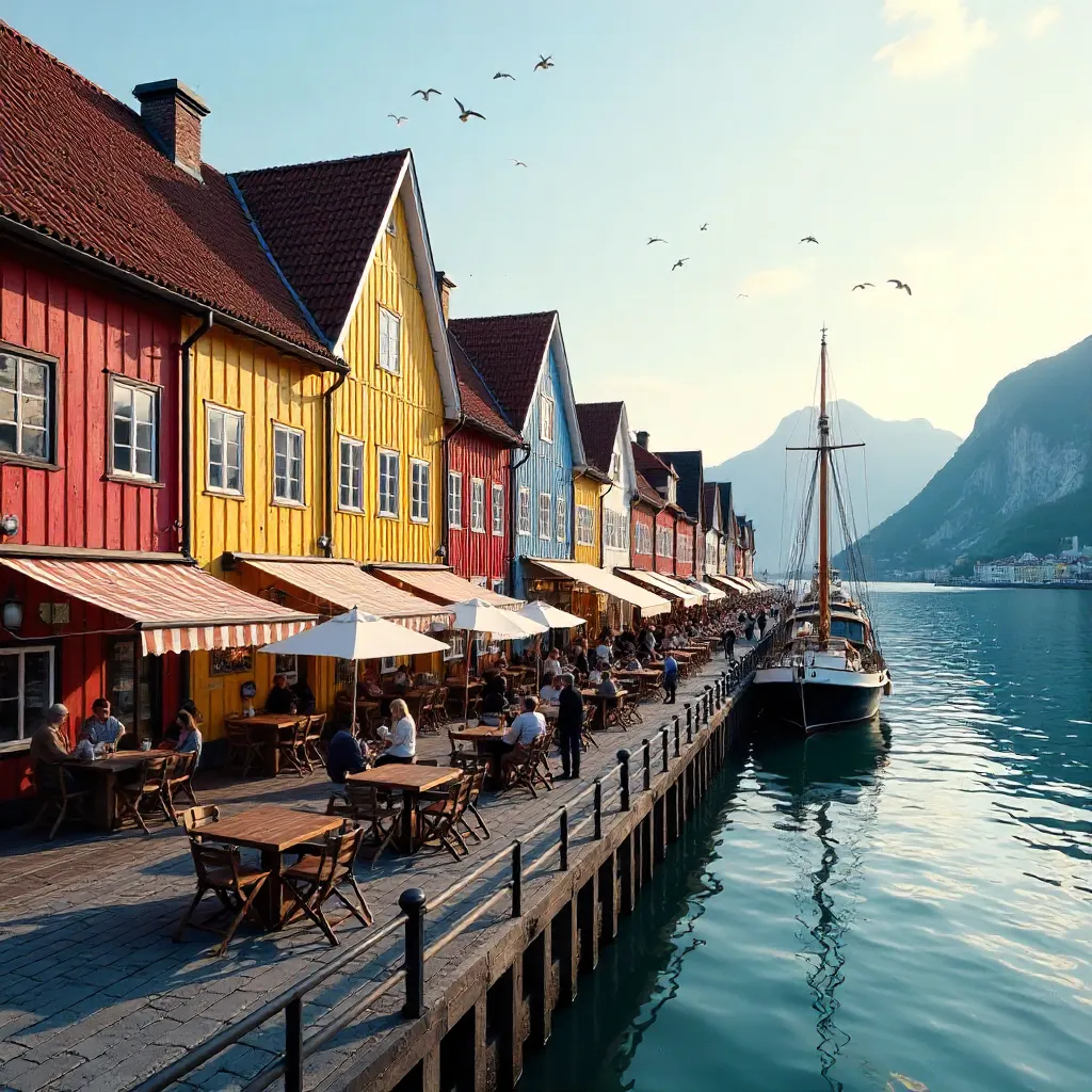 Colorful Bryggen Wharf: Wood Facades and Cafés